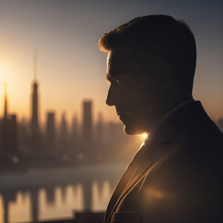 A silhouette of a suited male figure with a subtle, cracked mask on his face, set against a blurred, muted cityscape background with faint, glowing cracks radiating from the figure.