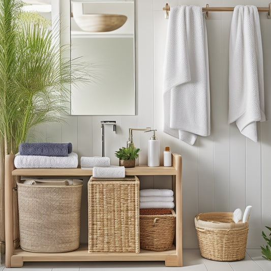 A serene bathroom scene featuring elegant bamboo storage solutions: sleek bamboo shelves holding neatly rolled towels, a bamboo vanity with organized toiletries, and a bamboo laundry basket, all accented by lush green plants and soft, natural lighting.