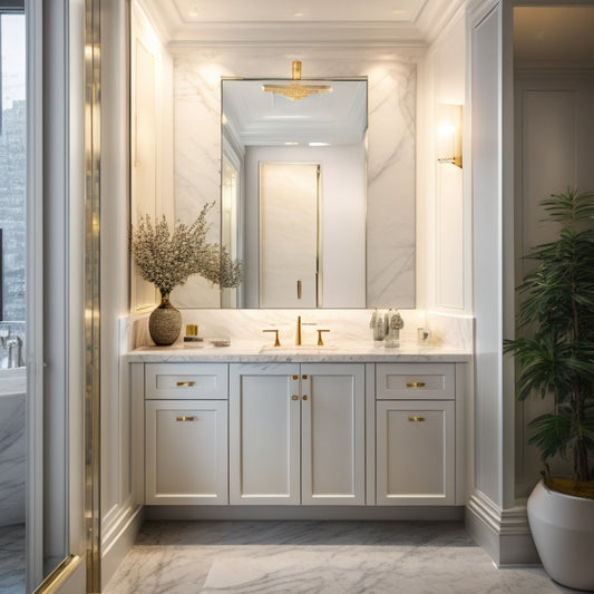 A luxurious bathroom with a sleek, floor-to-ceiling mirrored medicine cabinet featuring a subtle LED glow, surrounded by marble countertops and a freestanding tub.