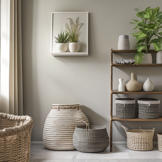 A stylish living room with a sleek, minimalist bookshelf, a woven storage basket, a macrame wall hanging, and a few decorative vases, set against a calming, light-gray background.