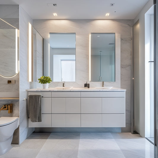 A sleek, modern bathroom with a floor-to-ceiling, mirrored cabinet featuring soft-close drawers, ambient LED lighting, and a wall-mounted, chrome faucet, set against a backdrop of marble flooring and walls.