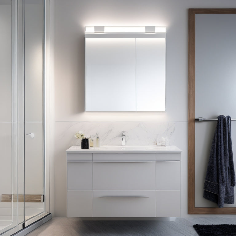 A modern bathroom with a sleek, wall-mounted cabinet featuring a mirrored door that reflects a sink and Faucet, surrounded by crisp white walls and subtle LED lighting.