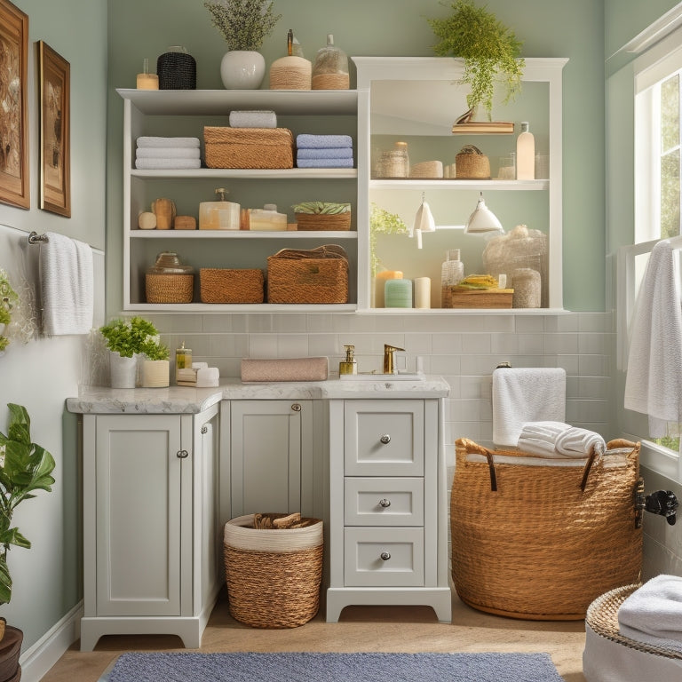 A serene, well-lit bathroom with a mix of open shelves, cabinets, and baskets, showcasing a variety of bathroom essentials, such as toiletries, towels, and decorative items, in a harmonious balance of storage and style.