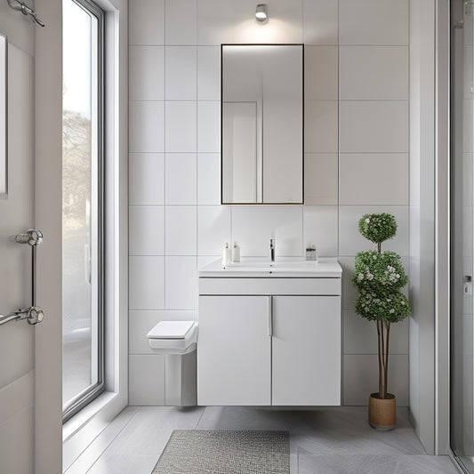 A sleek, modern small bathroom with a wall-mounted cabinet featuring mirrored doors, chrome handles, and soft-close hinges, surrounded by a minimalist white sink, toilet, and porcelain tiles.