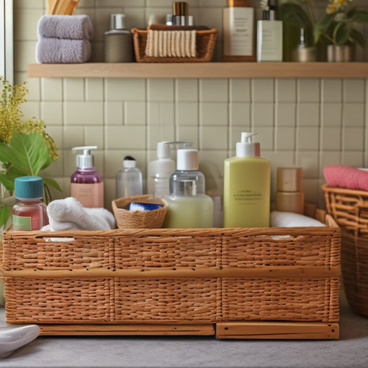 A cluttered bathroom countertop with scattered toiletries, towels, and beauty products, contrasted with a tidy, organized space featuring a repurposed wooden crate shelving unit and woven baskets.