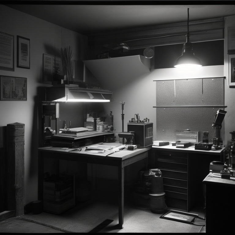 A dimly lit darkroom with a photographic enlarger centered on a workbench, surrounded by precision tools, test prints, and a partially developed black-and-white landscape photo.