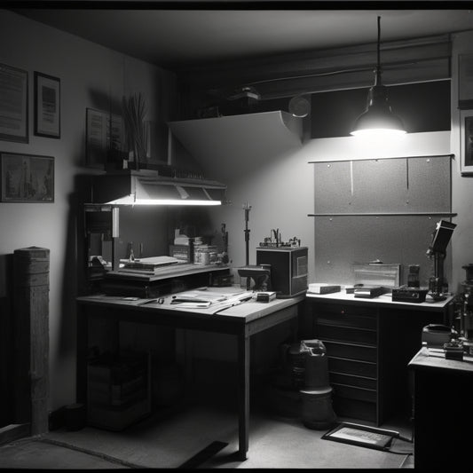 A dimly lit darkroom with a photographic enlarger centered on a workbench, surrounded by precision tools, test prints, and a partially developed black-and-white landscape photo.