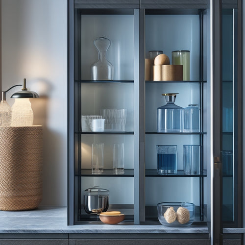 A sleek glass door cabinet with multiple shelves, showcasing neatly organized kitchenware and decorative items, set against a modern kitchen backdrop with soft lighting highlighting its space-efficient design.