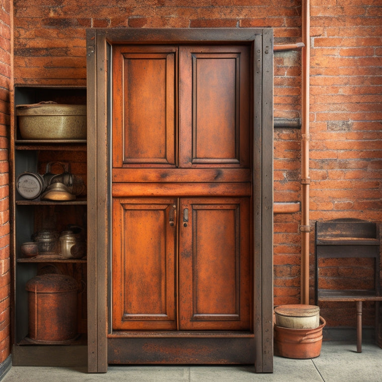 A worn, rusty metal cabinet transformed with distressed wood doors, exposed pipes, and industrial-style hardware, set against a neutral-toned tile wall with a hint of urban grit.