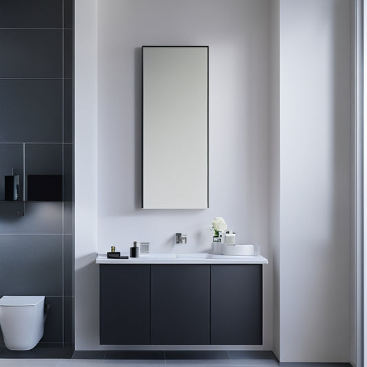 A sleek, minimalist bathroom featuring a wall-mounted cabinet with clean lines, a matte black finish, and subtle LED lighting, surrounded by a calming blend of white and gray tones.