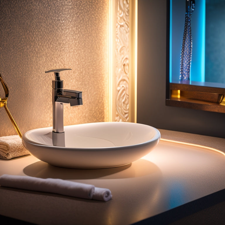 A well-lit, close-up image of a bathroom pedestal sink installation, showcasing the sink's sleek curve, faucet's gentle arc, and precise alignment with surrounding tile and wall, surrounded by scattered tools.