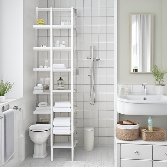 A bathroom with cream-colored walls and white floor tiles, featuring a sleek, silver adjustable ladder shelving unit against a wall, holding towels, toiletries, and decorative bottles.