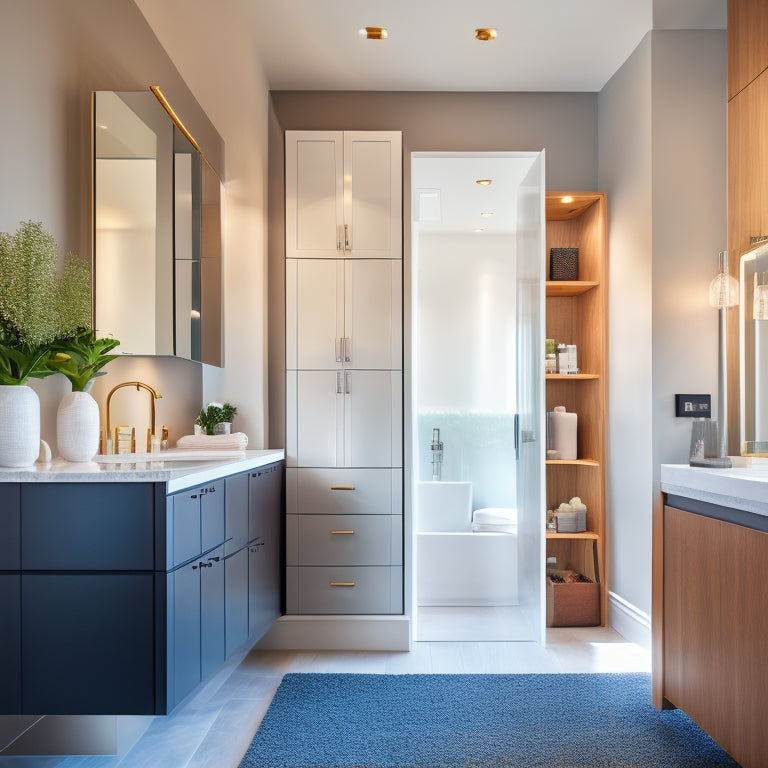 A sleek, modern bathroom with a floor-to-ceiling pantry installed beside a freestanding tub, featuring glass shelves and mirrored doors, surrounded by minimalist decor and warm, natural lighting.