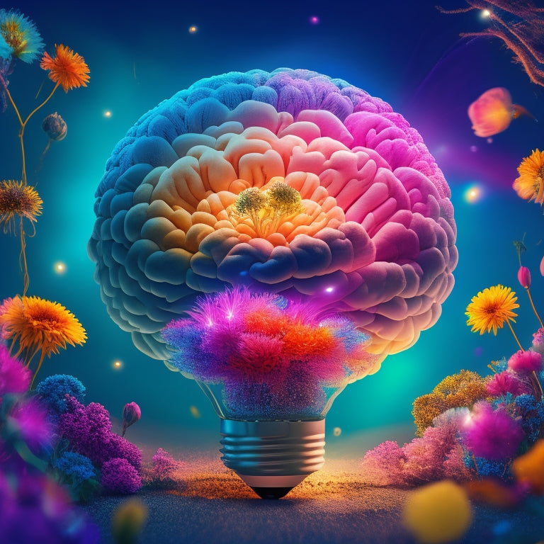 A vibrant, colorful illustration of a human brain surrounded by blooming flowers, sparkling light bulbs, and swirling clouds, with tendrils of creativity flowing outward in a radiant, chaotic pattern.