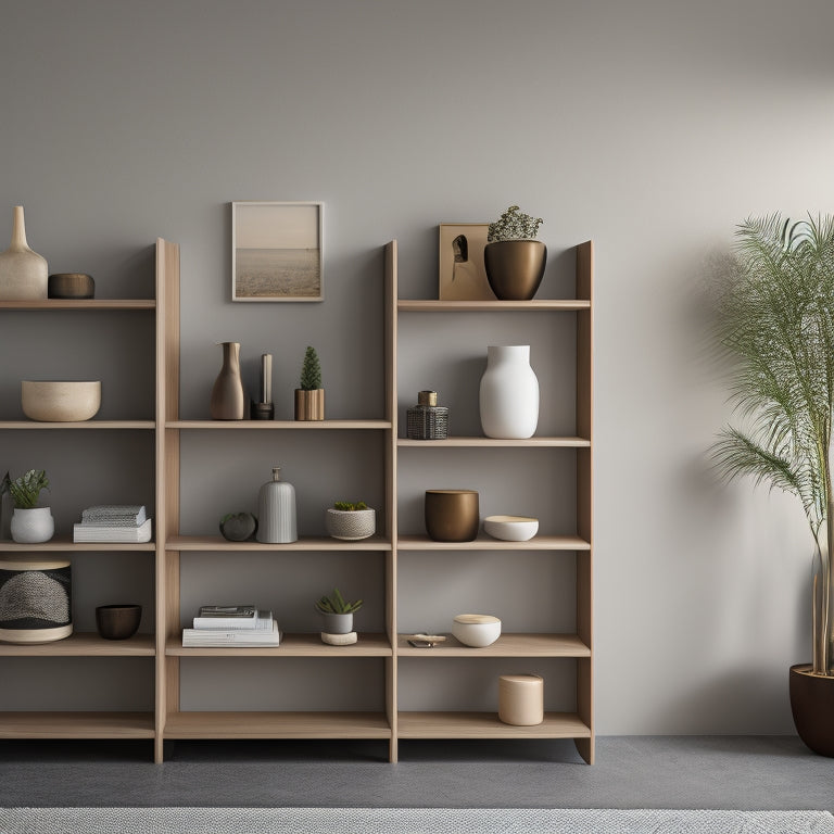 A modern, minimalist room with three wall-mounted shelf cabinets in different sizes and wood tones, featuring adjustable shelves at various heights, holding decorative vases, books, and small decorative items.