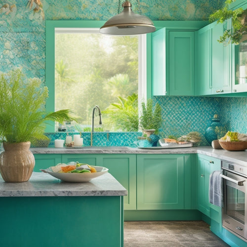 A serene aqua-themed kitchen scene with a rounded glass pendant light, turquoise ceramic utensil holders, and a fish-scale-patterned backsplash, surrounded by lush greenery and a few strategically placed seashells.