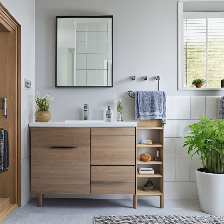 A sleek, modern bathroom with a clutter-free countertop, featuring a wall-mounted cabinet with sliding glass doors, a pedestal sink with built-in storage, and a decorative woven basket holding toiletries.