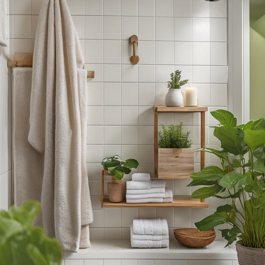 A serene, minimalist bathroom with a wall-mounted, reclaimed wood bookshelf holding 5-7 rolled towels and 3-5 favorite novels, surrounded by soft, warm lighting and a few lush green plants.