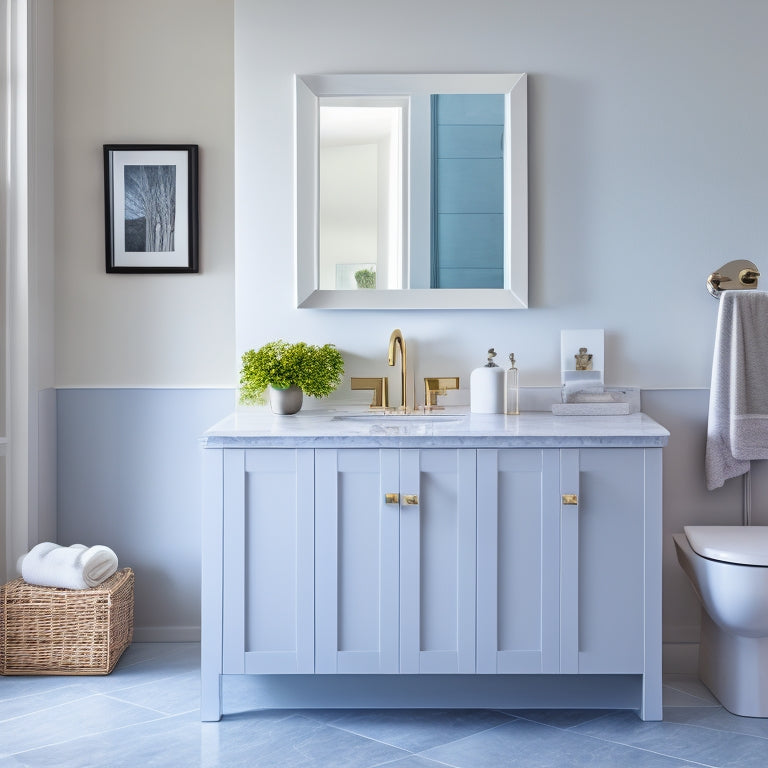 A modern bathroom with a sleek, wall-mounted sink and a drawer unit beneath, featuring soft-close drawers, polished chrome hardware, and a minimalist faucet, set against a calming gray and white marble background.