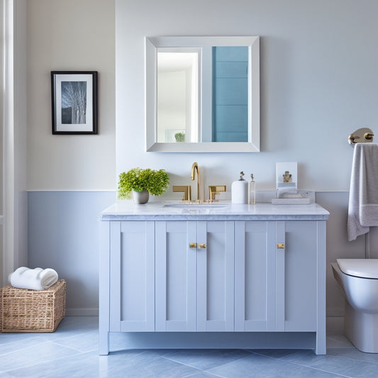 A modern bathroom with a sleek, wall-mounted sink and a drawer unit beneath, featuring soft-close drawers, polished chrome hardware, and a minimalist faucet, set against a calming gray and white marble background.