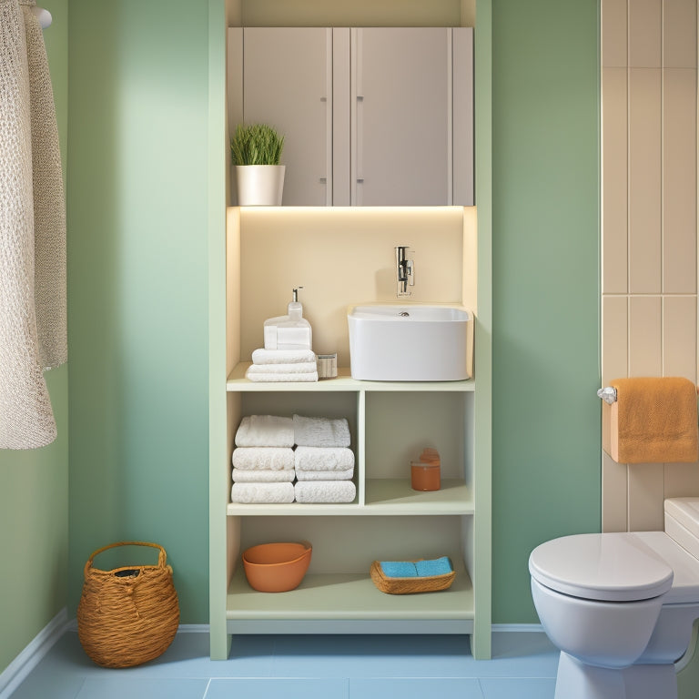 A minimalist illustration of a compact bathroom with a wall-mounted shelf holding a woven basket, a recessed medicine cabinet, and a pedestal sink with a slide-out storage drawer beneath.