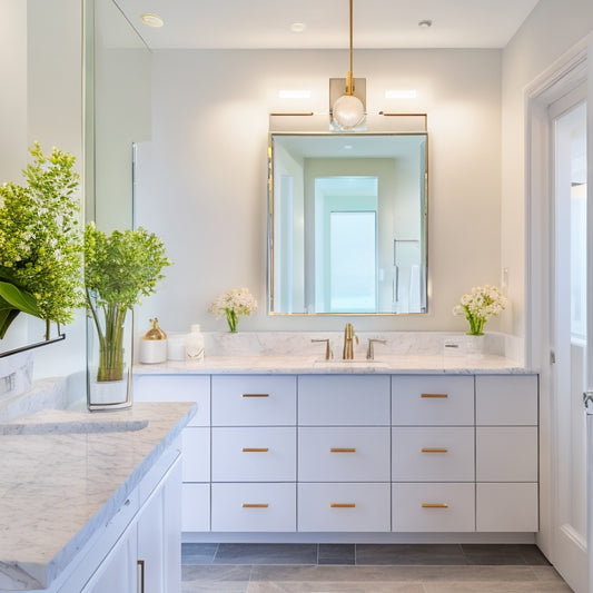 A bright, modern bathroom with sleek white cabinets mounted on a crisp white wall, surrounded by marble countertops, chrome fixtures, and a large mirror, illuminated by soft, warm LED lighting.