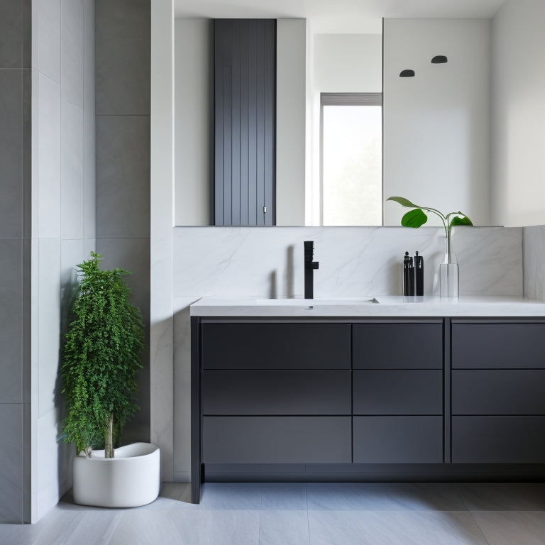 A sleek, modern bathroom featuring a wall-mounted, rectangular sink cabinet with a matte black finish, paired with a minimalist faucet and surrounded by a marble countertop and white walls.