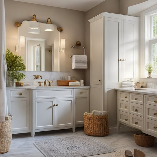 A serene, well-lit bathroom with 7 bathroom cabinets featuring woven baskets in various shapes and sizes, storing toiletries and linens, surrounded by white marble countertops and a freestanding tub.