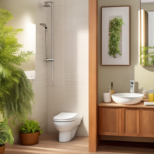 A serene, well-lit, small bathroom with a sleek, modern aesthetic, featuring a corner space with a floating, L-shaped shelf in a warm wood tone, holding a few rolled towels and a potted plant.