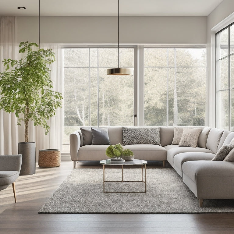 A serene, modern living room with a neutral color palette, featuring a plush sectional sofa, a large area rug, and floor-to-ceiling windows, illuminated by natural light and stylish pendant lamps.