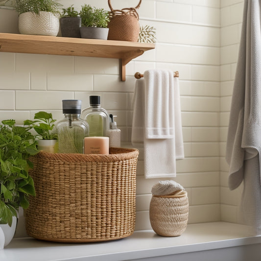 A serene, well-lit bathroom with a corner organizer featuring a tiered shelf, woven basket, and hooks, surrounded by a few neatly arranged toiletries and a potted plant.