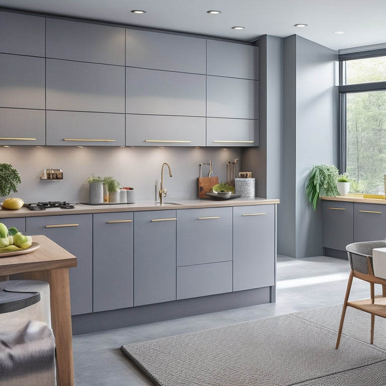 A modern kitchen with sleek, grey quartz countertops featuring built-in, slide-out drawers, and a hidden cutting board compartment, surrounded by minimalist, handle-free cabinetry and warm, recessed lighting.