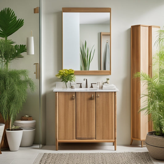 A serene bathroom scene featuring a wall-mounted bamboo cabinet with sliding doors, a matching bamboo stool, and a few potted plants, all set against a calming white and wood-tone backdrop.