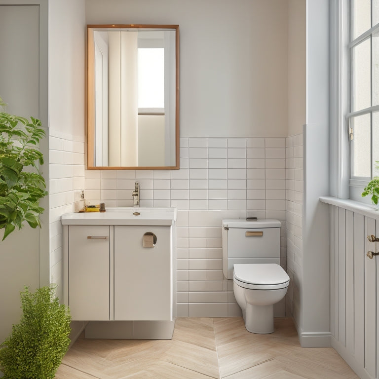 A serene, minimalist tiny bathroom with a wall-mounted sink, a compact toilet, and a recessed medicine cabinet with a mirrored door, surrounded by soft, warm lighting and calming white tiles.