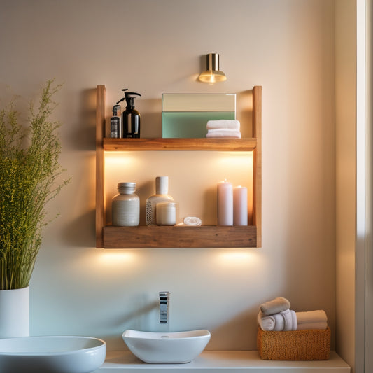A serene bathroom with three distinct designer shelves: a sleek, wall-mounted glass shelf with chrome accents, a reclaimed wood floating shelf, and a minimalist, cube-shaped shelf with a soft LED glow.