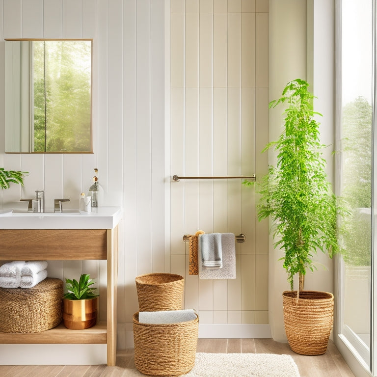 A modern bathroom with a wall-mounted ladder shelf in wood tone, woven baskets, and sleek chrome fixtures, surrounded by calming greenery and soft, natural light.