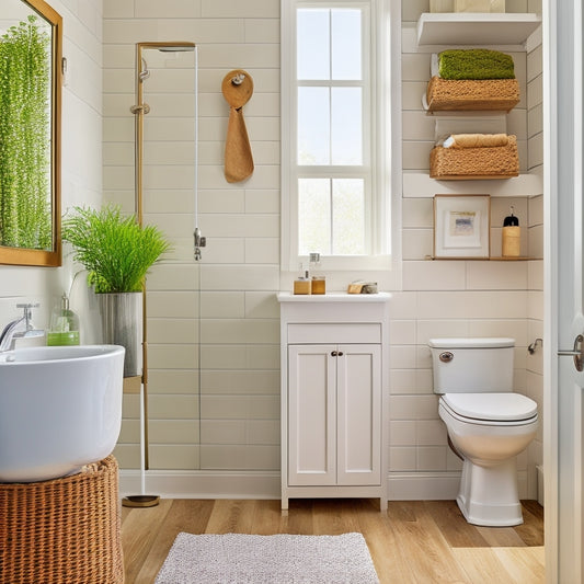 A clutter-free, minimalist bathroom with a pedestal sink, featuring a hanging woven basket above the toilet, a tiered storage unit beside the sink, and a recessed medicine cabinet with mirrored door.