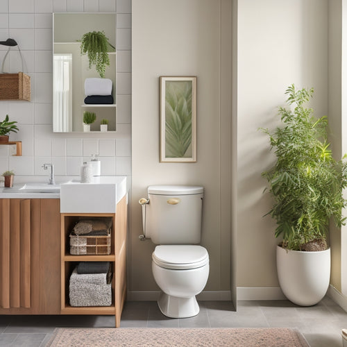 A sleek, minimalist bathroom featuring elegant over-the-toilet shelving adorned with neatly organized towels, plants, and decorative baskets, complemented by a modern toilet and chic wall art in soft, neutral tones.