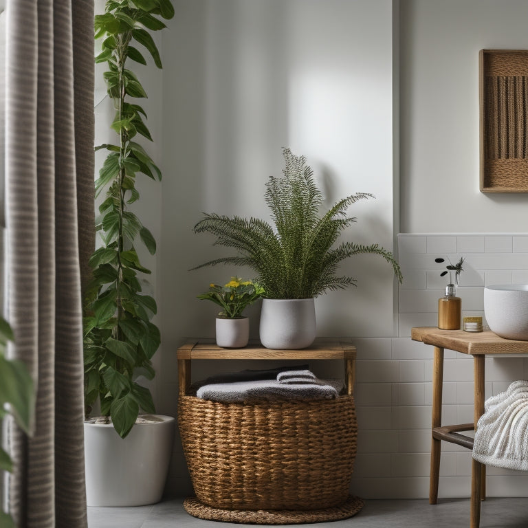 A serene, modern bathroom with a wall-mounted shelf featuring three woven baskets, a glass vase, and a few rolled towels, surrounded by a minimalist sink, mirror, and a few potted plants.