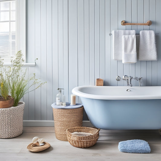 A serene, coastal-style bathroom with a minimalist aesthetic: a freestanding tub, a wall-mounted sink, and a few, carefully-placed shells and pebbles on a reclaimed wood shelf, surrounded by calming whites and blues.