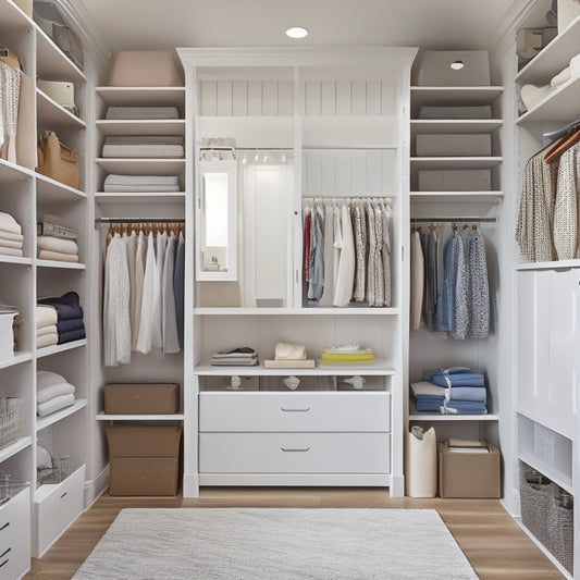 An organized, well-lit closet with adjustable shelving, clear storage bins, and a reach-in closet organizer system featuring a slide-out shelf and a seated area with a storage ottoman.