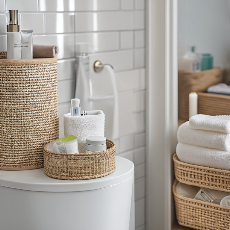 A tidy, modern bathroom with a corner drawer open, revealing neatly stacked toilet paper rolls, a wicker basket holding small toiletries, and a tiered insert organizing skincare products and makeup.