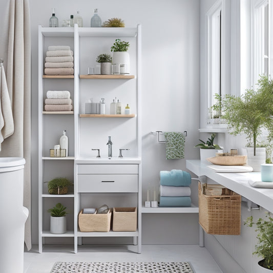 A modern bathroom with a sleek, white wall-mounted shelving unit featuring multiple storage compartments, baskets, and hooks, surrounded by a few towels, toiletries, and a small potted plant.