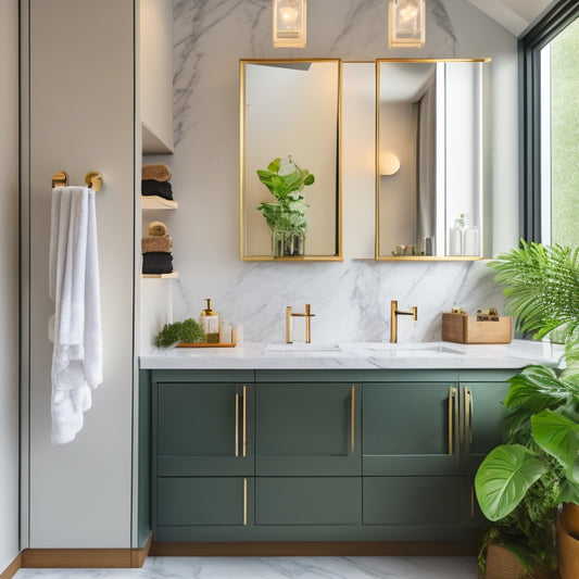 A sleek, modern bathroom showcasing elegant floating shelves, stylish built-in cabinets, and discreet pull-out drawers, surrounded by marble accents, ambient lighting, and greenery for a serene, luxurious feel.