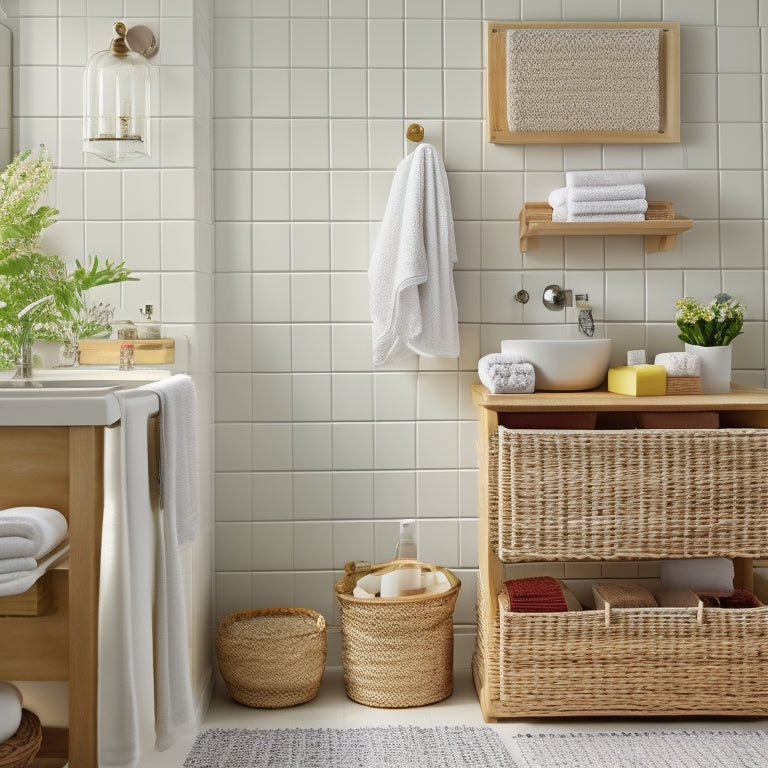 A tidy bathroom with a wall-mounted shelf holding three woven baskets, a pedestal sink with a slide-out drawer, and a shower caddy with hooks and a soap dish.