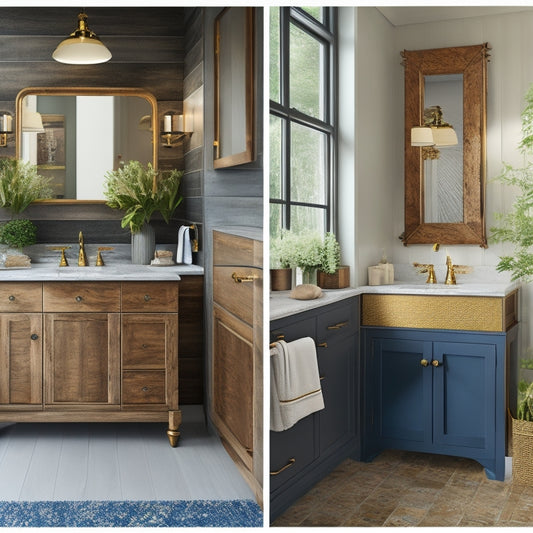 Generate an image featuring three distinct bathroom settings, each with a unique over-the-sink mirror cabinet style: modern and sleek, ornate with gold accents, and rustic with reclaimed wood.