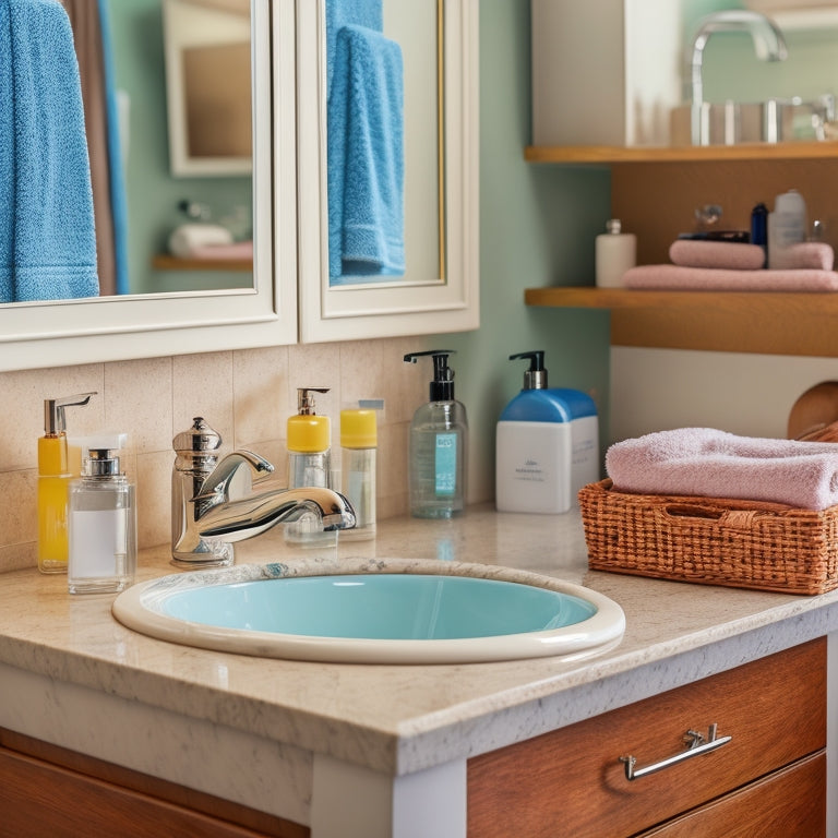 A cluttered bathroom countertop with toiletries scattered around a pedestal sink, contrasted with a tidy, organized space featuring a sink with built-in storage drawers and a few decorative towels.