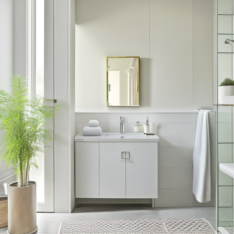 A serene, minimalist bathroom with a wall-mounted, mirrored cabinet above a sleek, white vanity, alongside a slender, chrome towel rack and a woven basket storing toiletries beneath a pedestal sink.