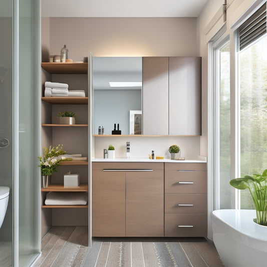 A modern bathroom with a sleek, wall-mounted cabinet featuring a pull-out shelf, adjacent to a floor-to-ceiling storage unit with sliding glass doors and adjustable interior shelves.