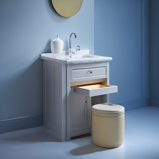 A pedestal sink with a slide-out drawer underneath, a hidden compartment in the sink's base, and a matching stool with a lift-top storage compartment, set against a light-gray background.